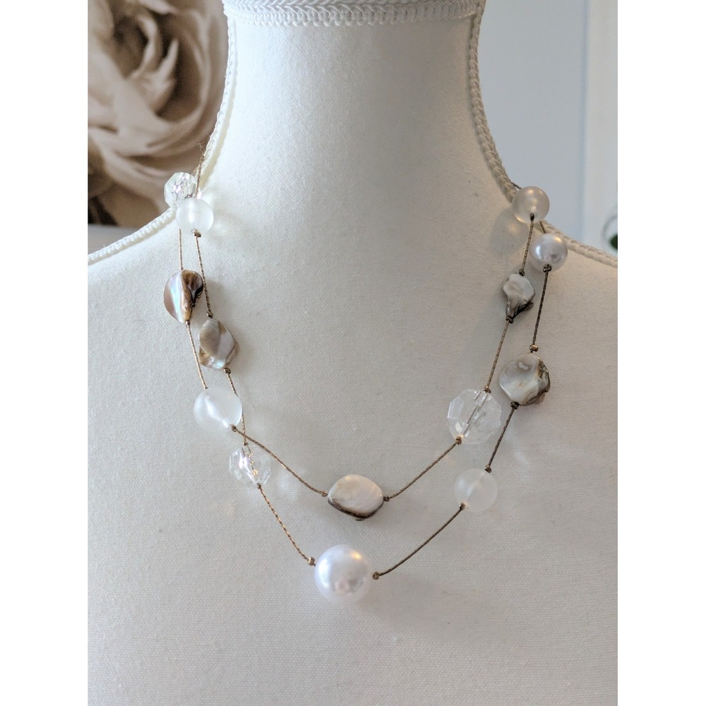 Coastal Multi Strand Necklace In Faux Pearl & Shell Chips Beachy Romantic